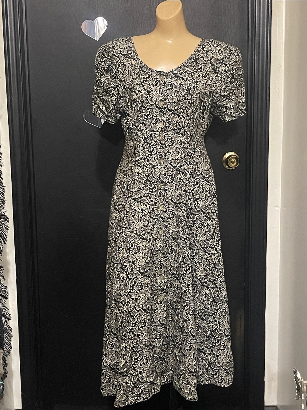Vintage D.B.Y. Black and Cream Floral Midi/Maxi Dress (7) See Pics For Exact